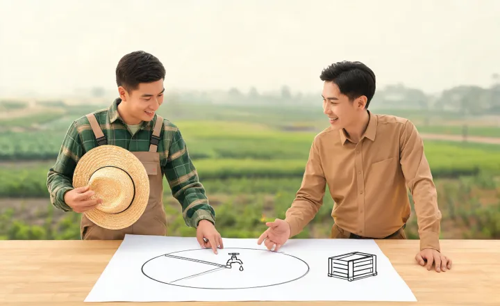 Illustration of a grower sharing a pivot field requirement with a sourcing coordinator
