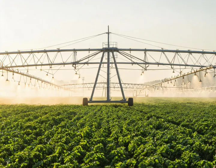 Galvanized center pivot irrigation assembly in a crop field
